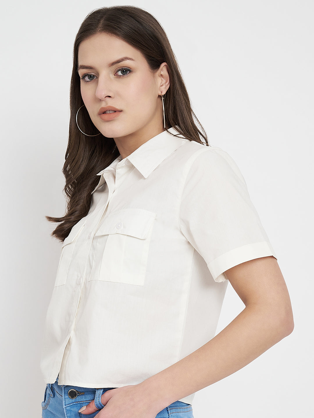 Women Cotton Solid White Half Shirt