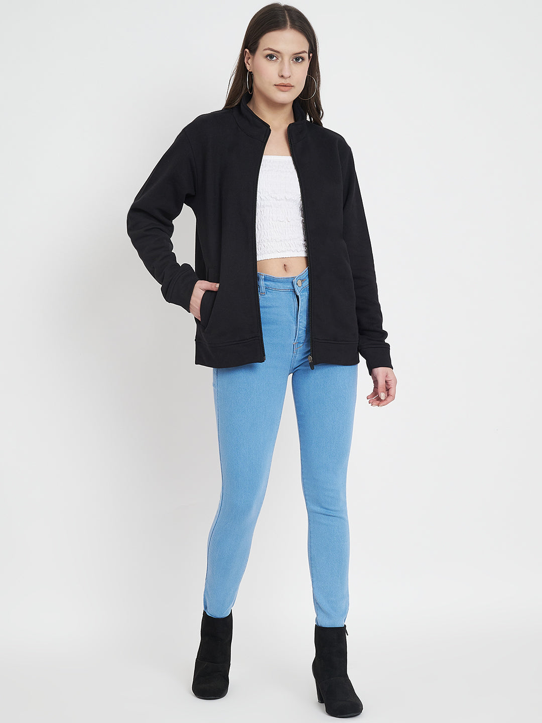 Mock Collar Black Bomber Jacket