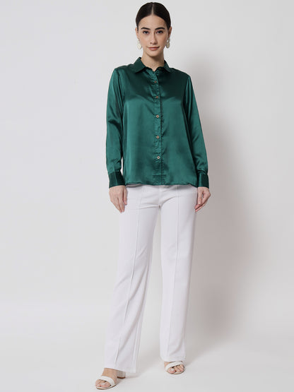 Women Green Satin Relaxed Formal Shirt