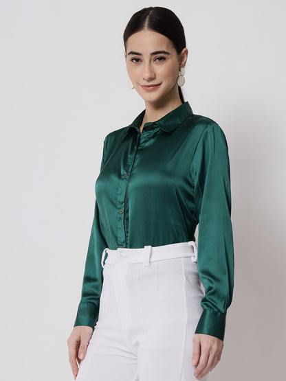 Women Green Satin Relaxed Formal Shirt