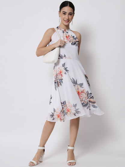 White Floral Printed Georgette Midi Dress