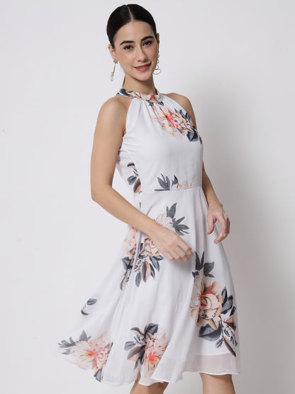 White Floral Printed Georgette Midi Dress