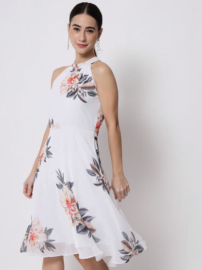 White Floral Printed Georgette Midi Dress