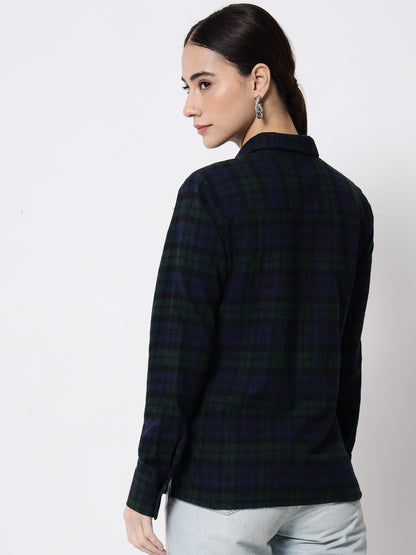 Women Navy Blue & Green Regular Fit Tartan Checked Pure Cotton Casual Shirt