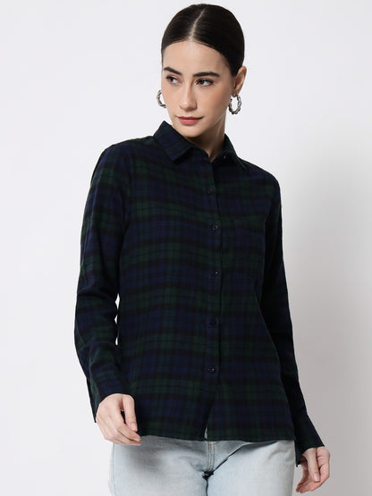 Women Navy Blue & Green Regular Fit Tartan Checked Pure Cotton Casual Shirt