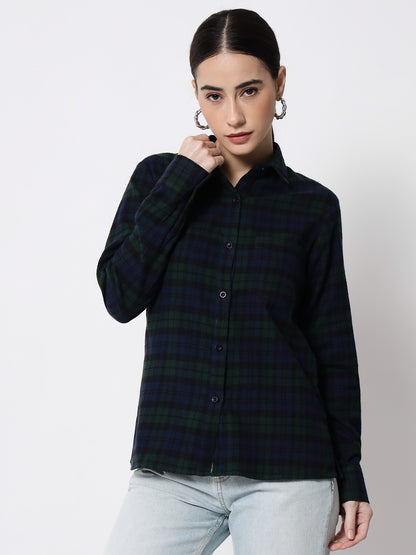 Women Navy Blue & Green Regular Fit Tartan Checked Pure Cotton Casual Shirt