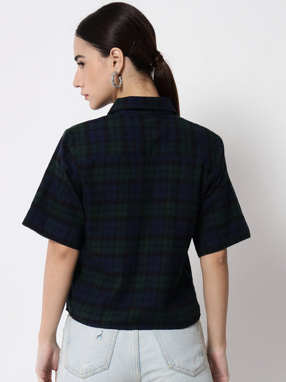 Women Tartan Checked Crop Casual Shirt