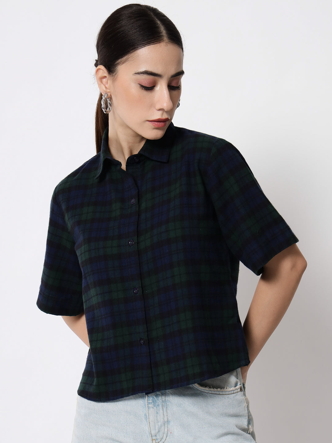 Women Tartan Checked Crop Casual Shirt