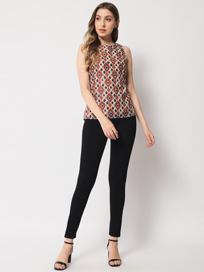 Cream & Maroon Print Crepe Top