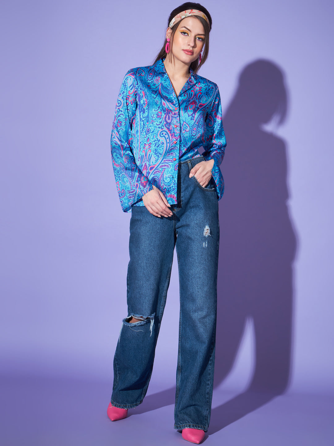 Women Paisley Printed Satin Casual Shirt