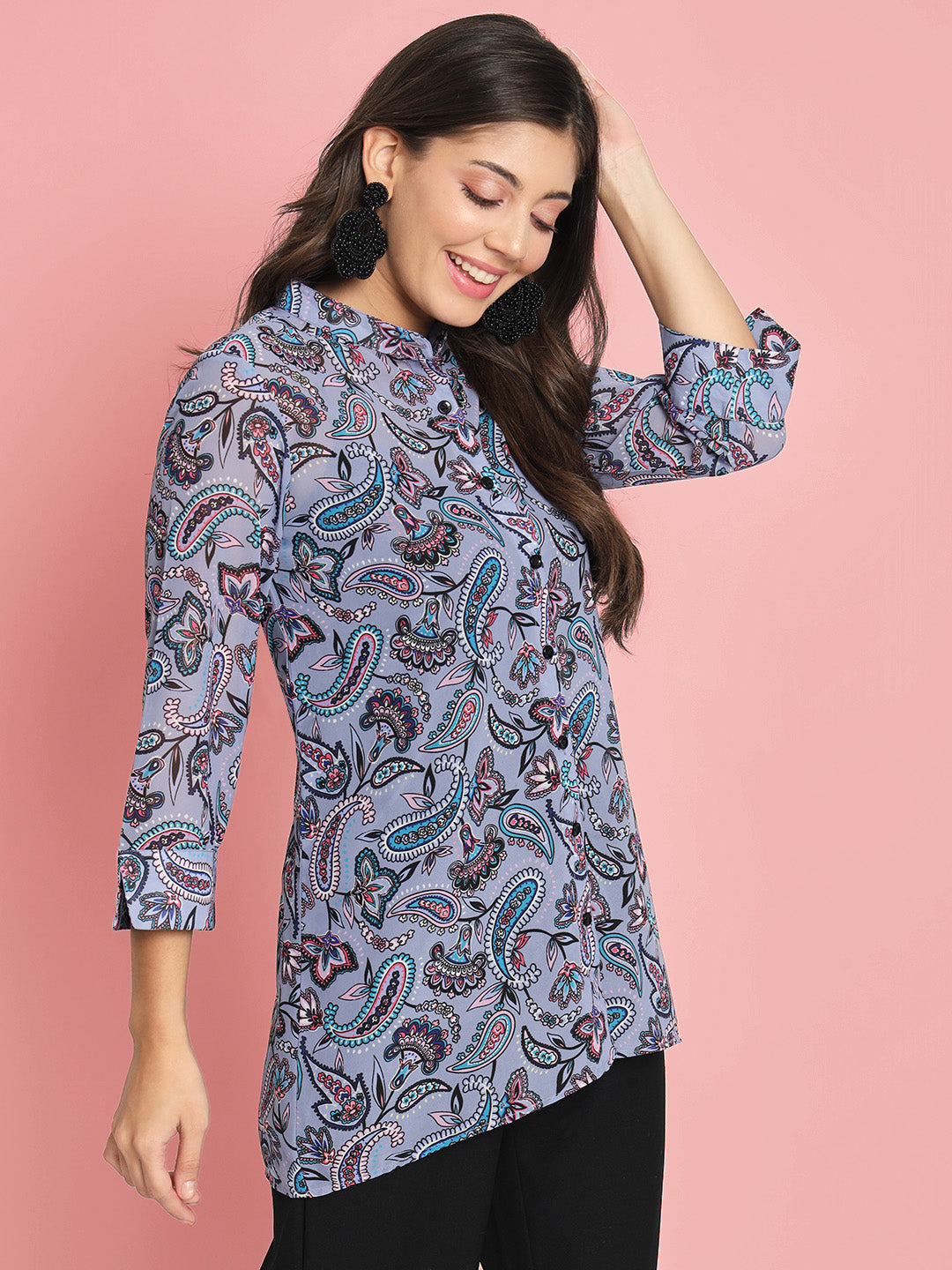 Ethnic Motifs Printed Band Collar Georgette Kurti