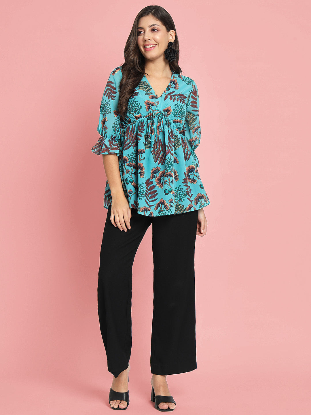 Floral Printed V-Neck Georgette Empire Kurti