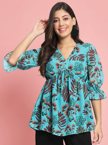 Floral Printed V-Neck Georgette Empire Kurti