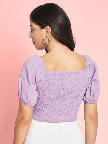 Lavender Round Neck Puff Sleeve Smocked Cotton Crop Top