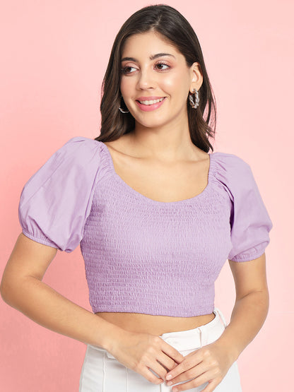 Lavender Round Neck Puff Sleeve Smocked Cotton Crop Top