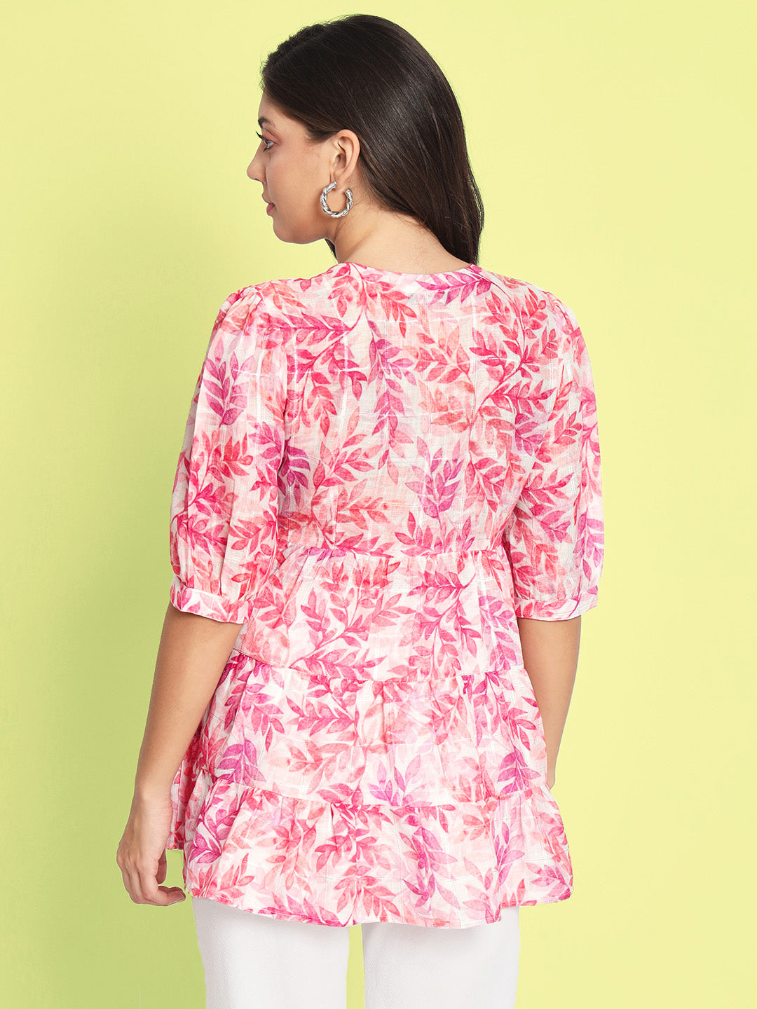 Floral Printed Tie-Up Neck Pink Kurti