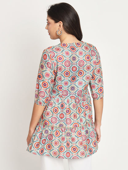 Printed Tie-Up Neck Three-Quarter Sleeve Pleated Kurit