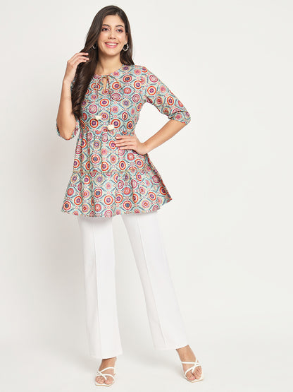 Printed Tie-Up Neck Three-Quarter Sleeve Pleated Kurit