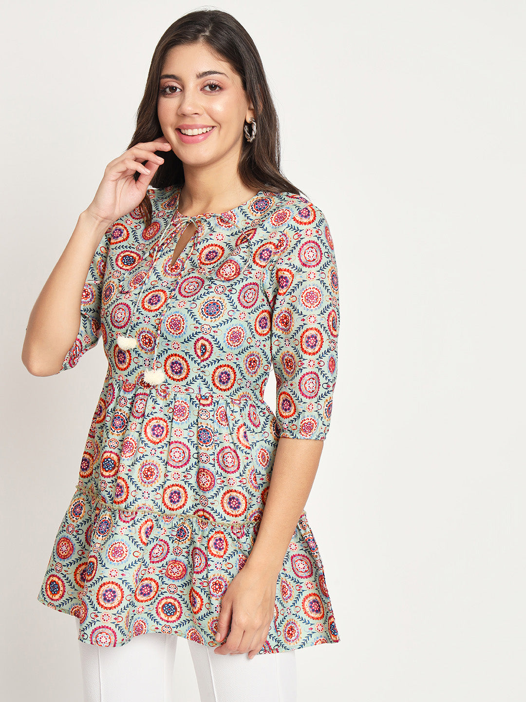 Printed Tie-Up Neck Three-Quarter Sleeve Pleated Kurit