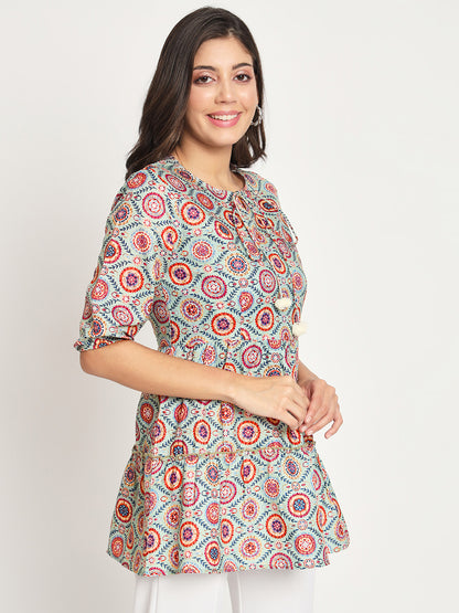 Printed Tie-Up Neck Three-Quarter Sleeve Pleated Kurit