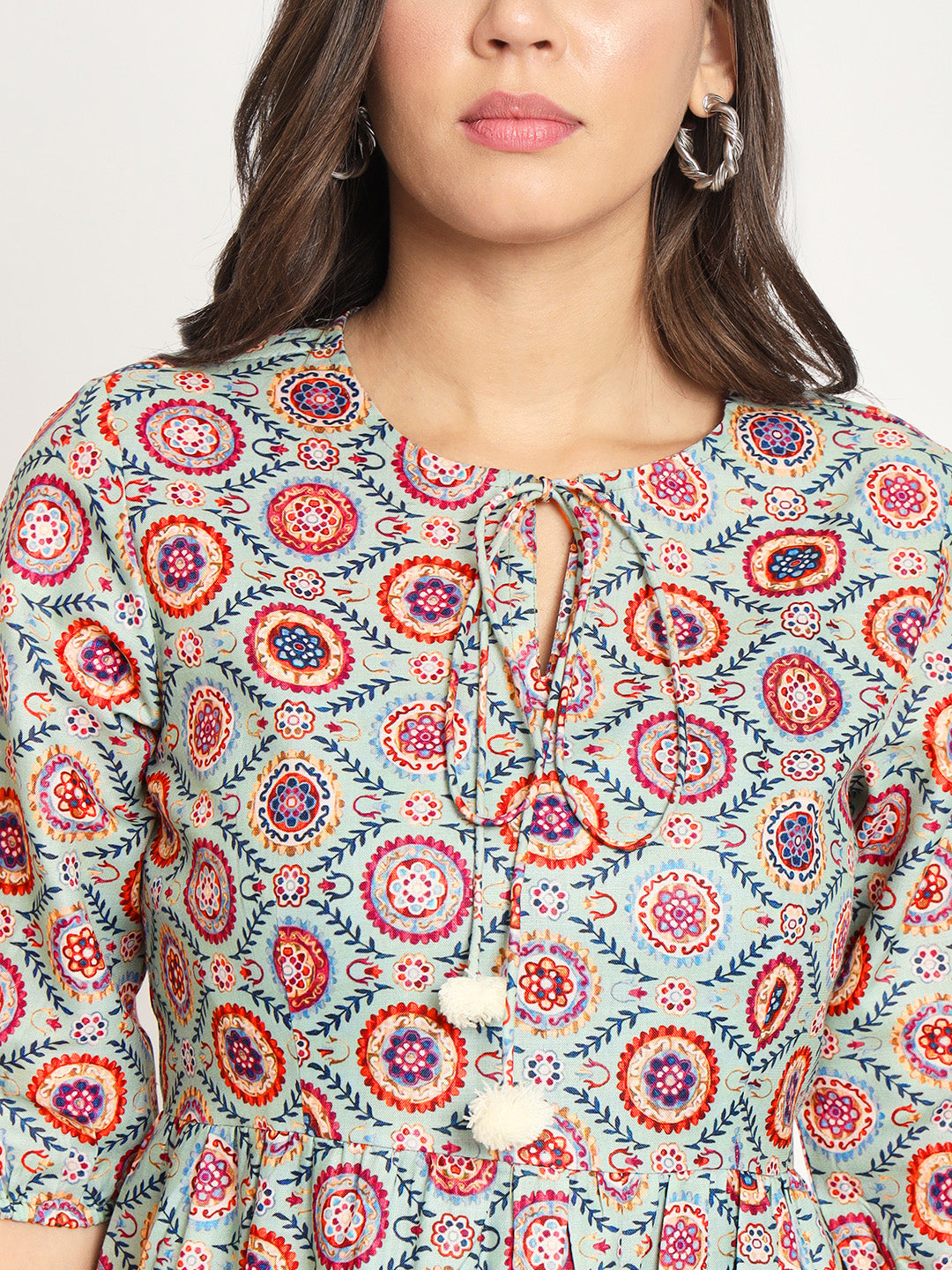 Printed Tie-Up Neck Three-Quarter Sleeve Pleated Kurit