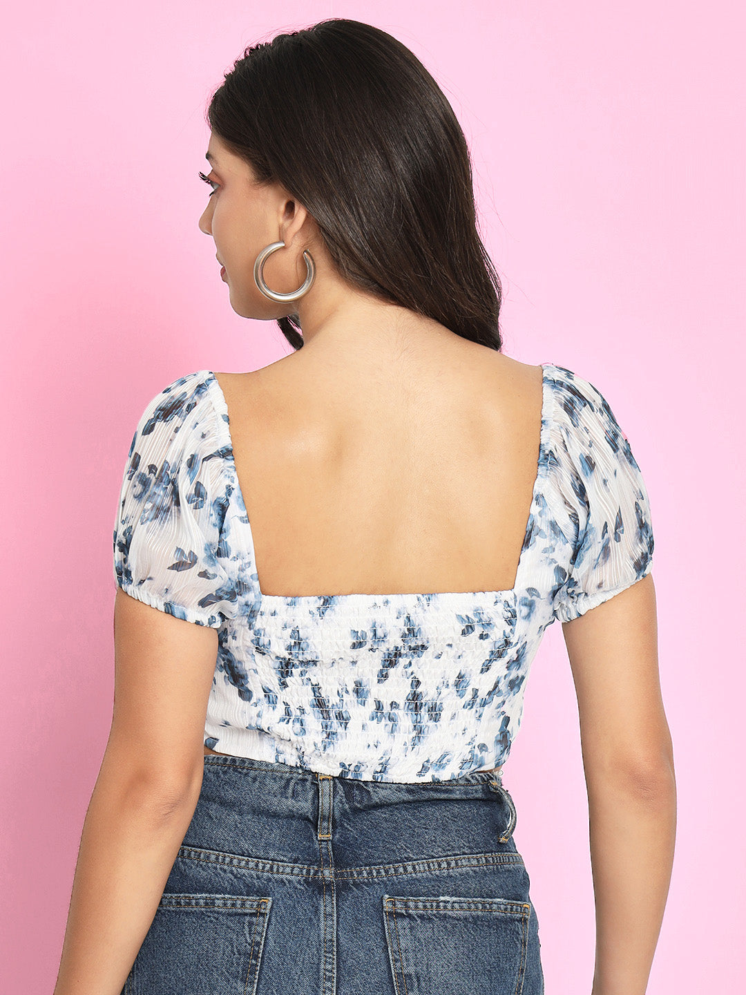 Floral Printed Puff Sleeves Regular Crop Top