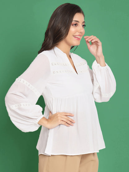 Lace Detail White Solid Kurti