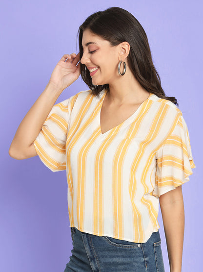 Yellow Striped Extended Sleeves Top