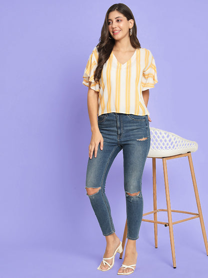 Yellow Striped Extended Sleeves Top