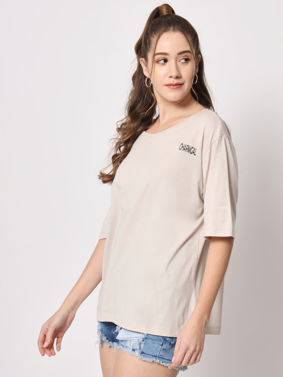 Cream Cotton Oversized T-Shirt for Women – Trendy Comfortable