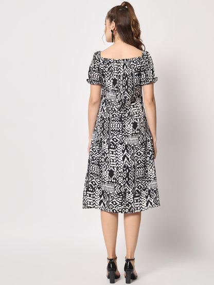 V-Neck Puff Sleeves Abstract Printed Fit & Flare Dress