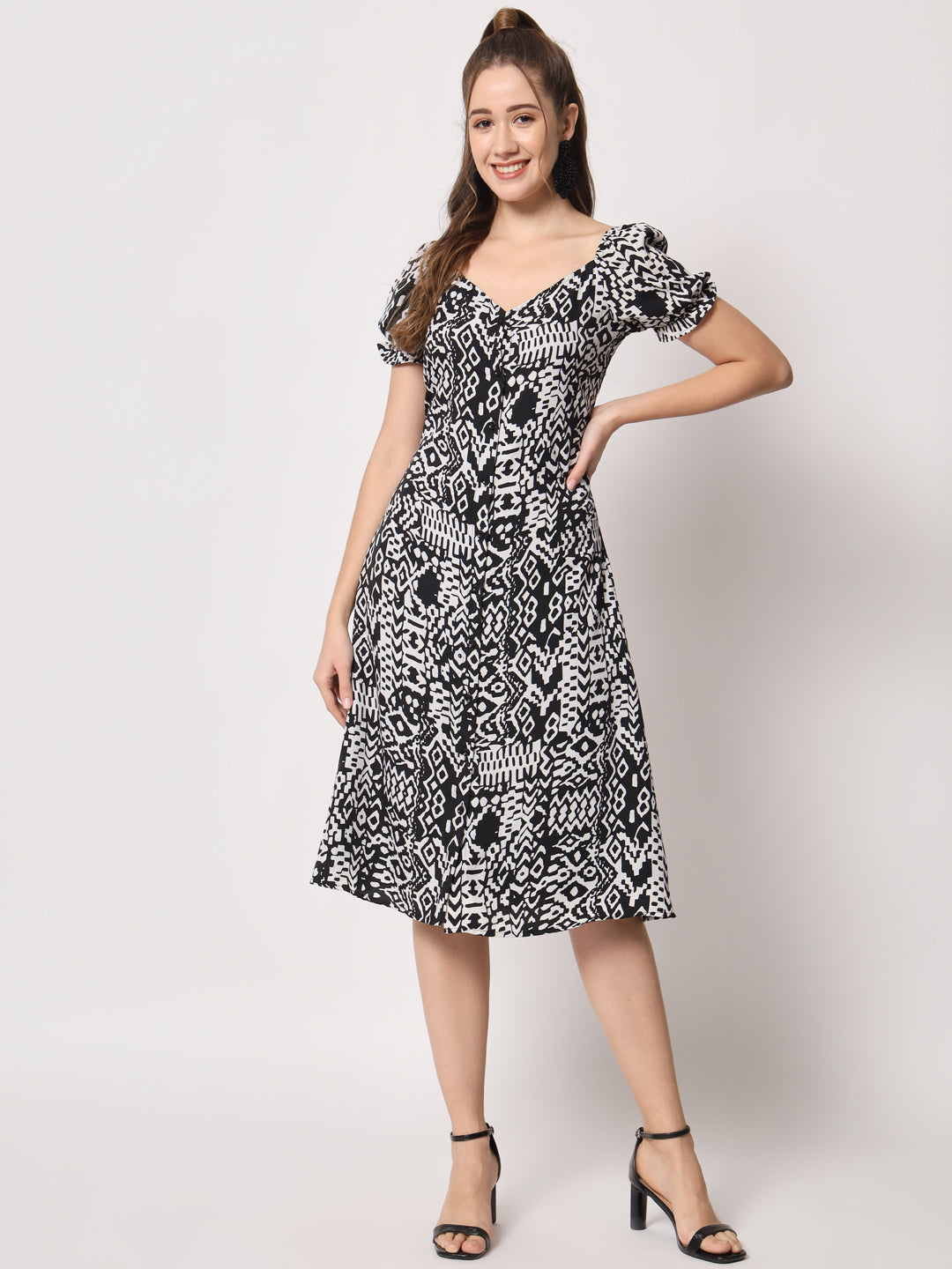 V-Neck Puff Sleeves Abstract Printed Fit & Flare Dress