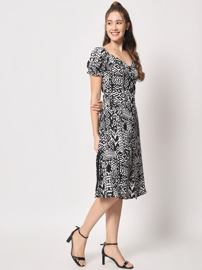 V-Neck Puff Sleeves Abstract Printed Fit & Flare Dress