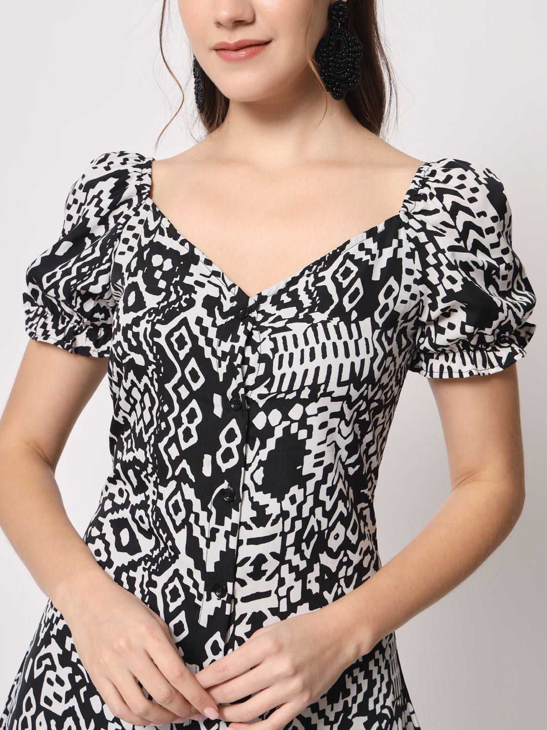 V-Neck Puff Sleeves Abstract Printed Fit & Flare Dress