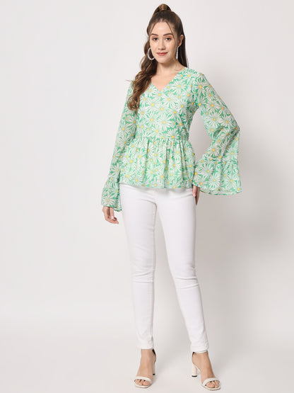 Floral Printed Bell Sleeves V-Neck Pleated Cinched Waist Top