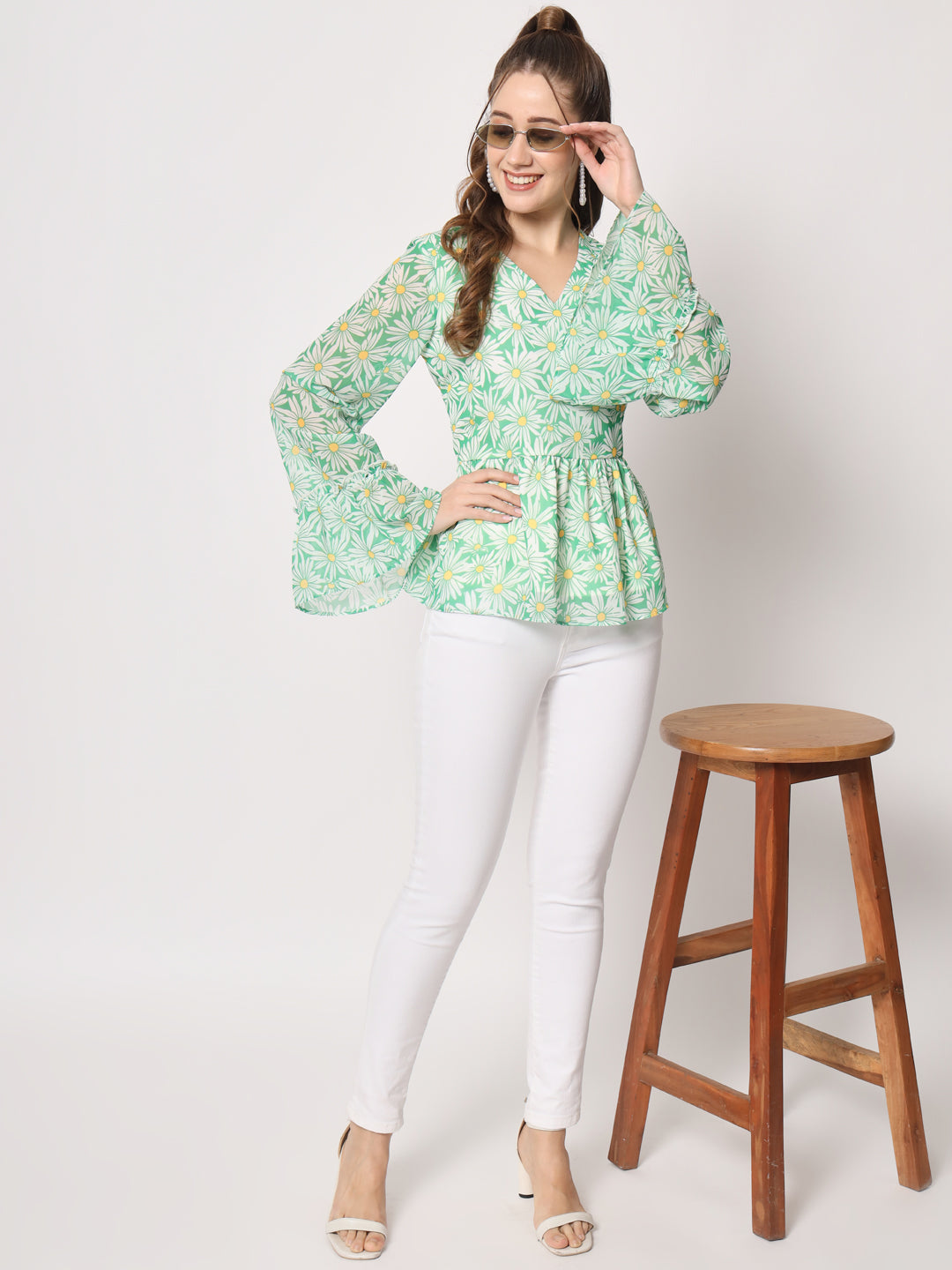 Floral Printed Bell Sleeves V-Neck Pleated Cinched Waist Top