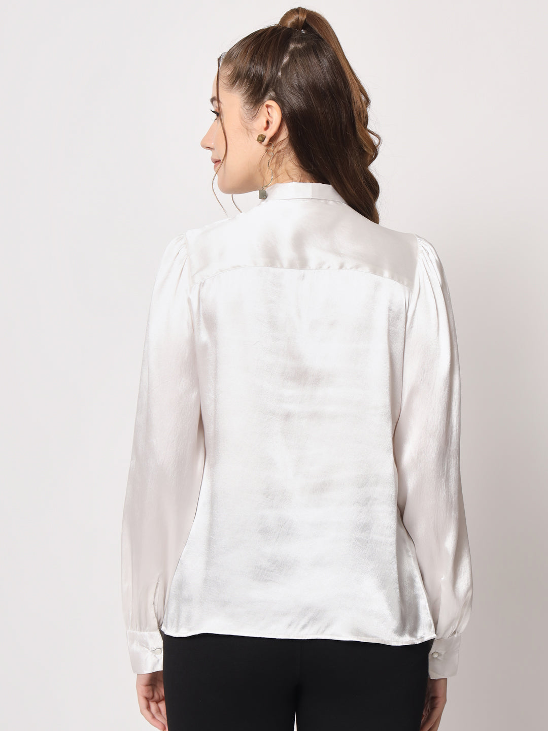 Tie-Up Neck Cuffed Sleeves Satin Top