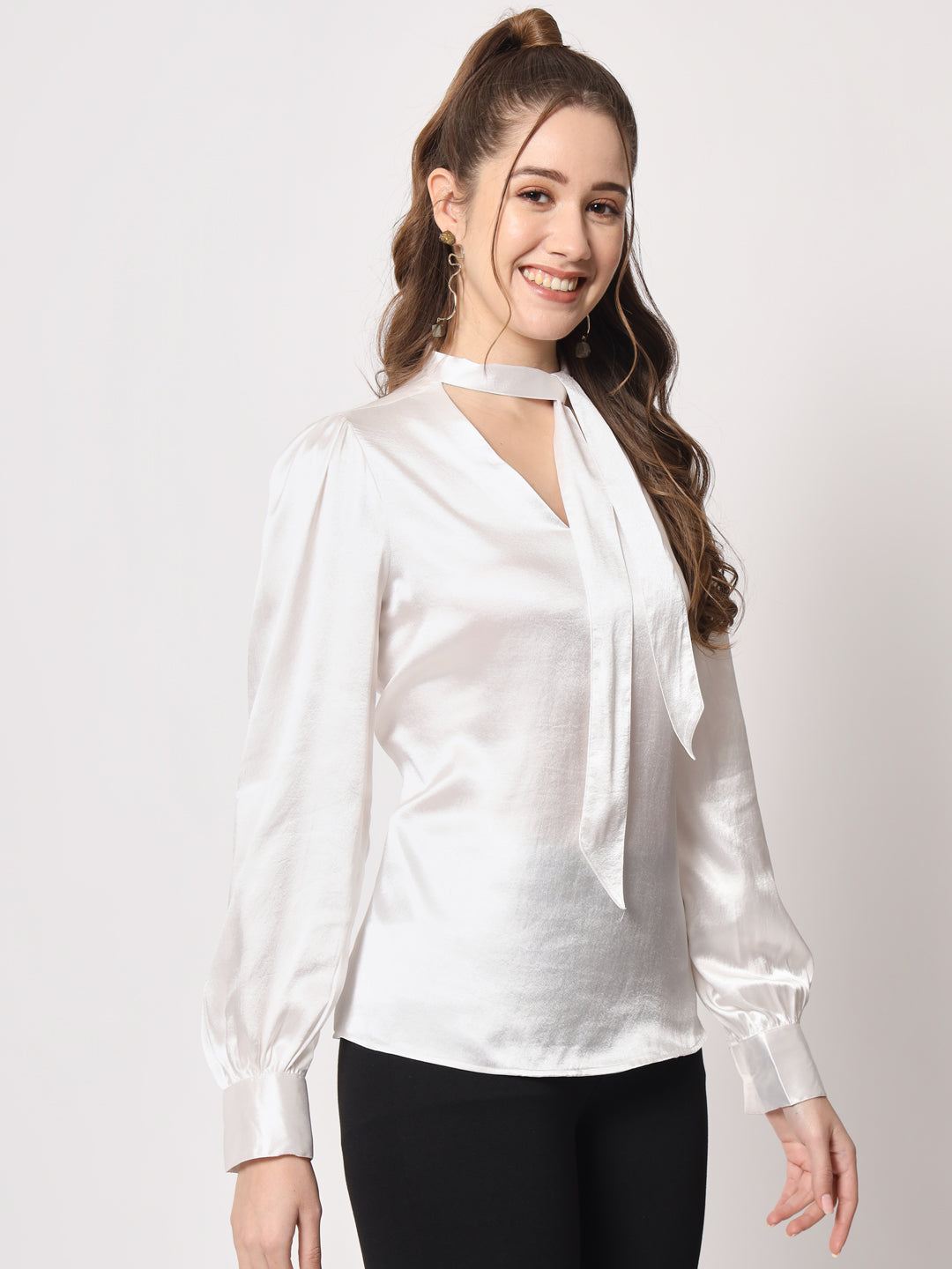 Tie-Up Neck Cuffed Sleeves Satin Top