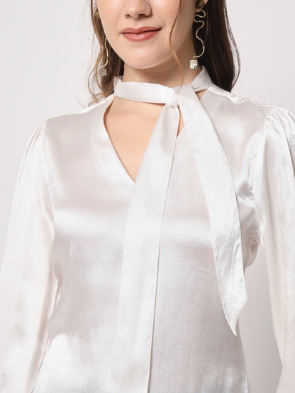 Tie-Up Neck Cuffed Sleeves Satin Top