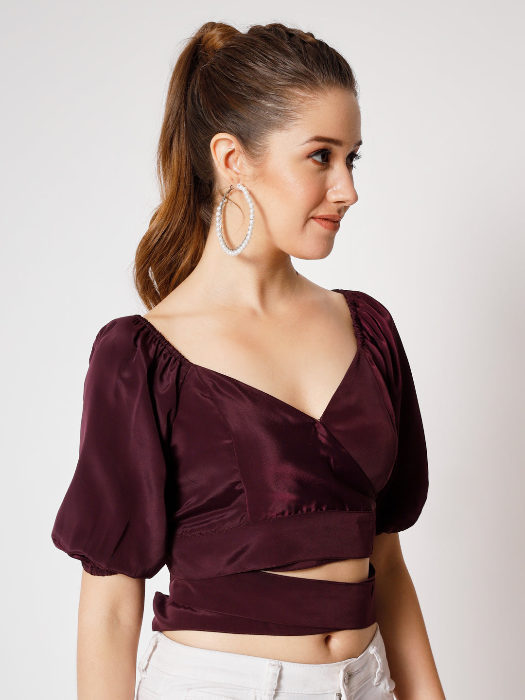 Puff Sleeves Crepe Cut Out Wrap Crop Top