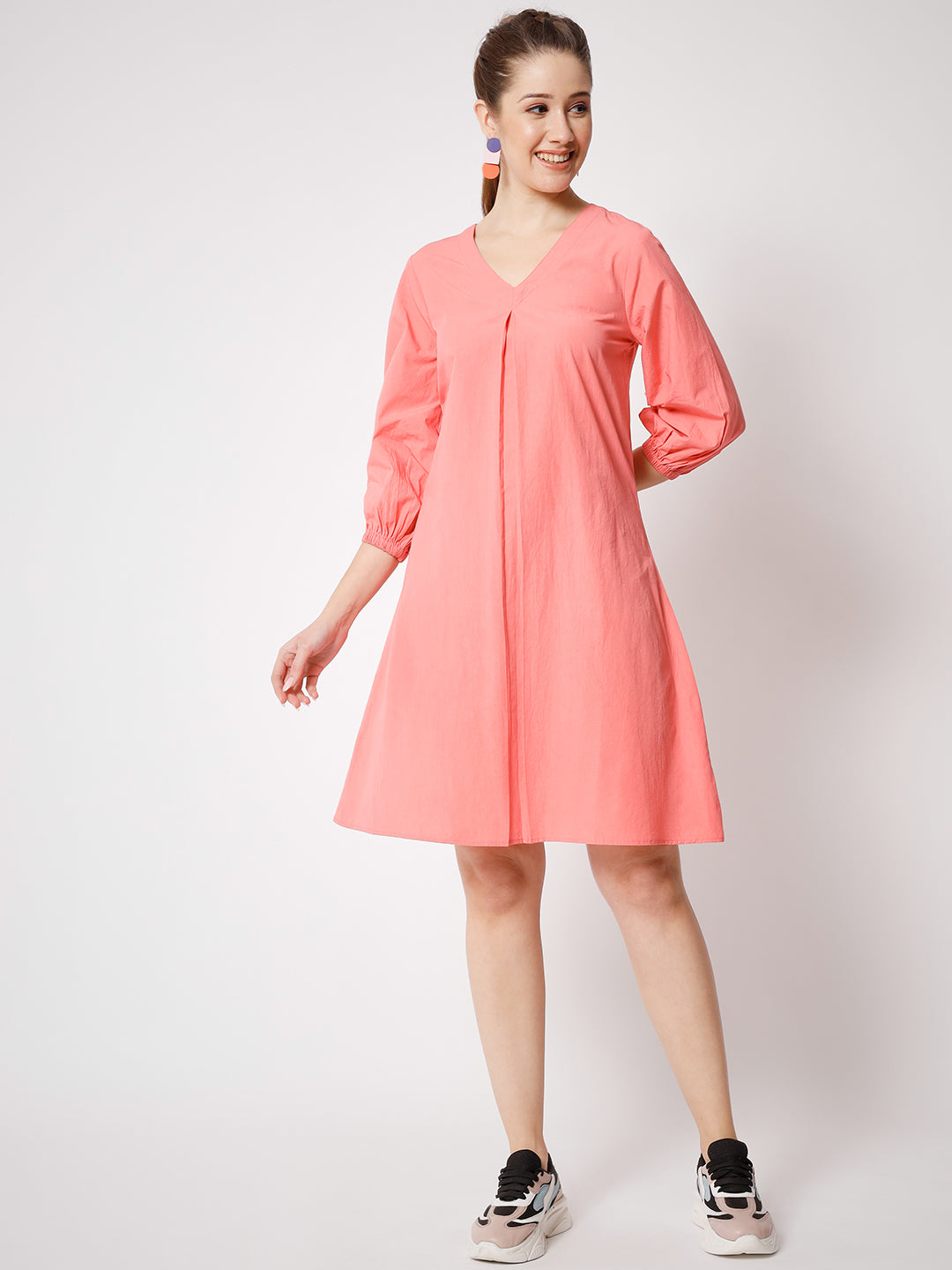 V-Neck Pure Cotton A-Line Dress