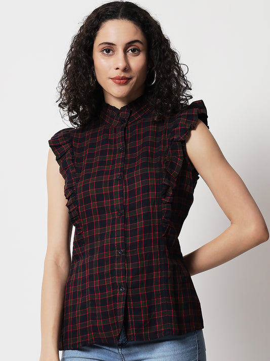 Women Blue Slim Fit Tartan Checks Checked Casual Shirt