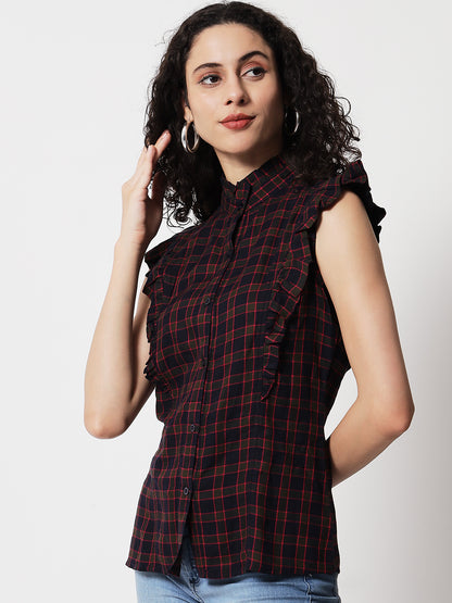 Women Blue Slim Fit Tartan Checks Checked Casual Shirt