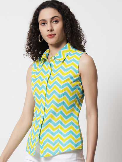 Women Yellow Zig-Zag Printed Sleeveless Shirt