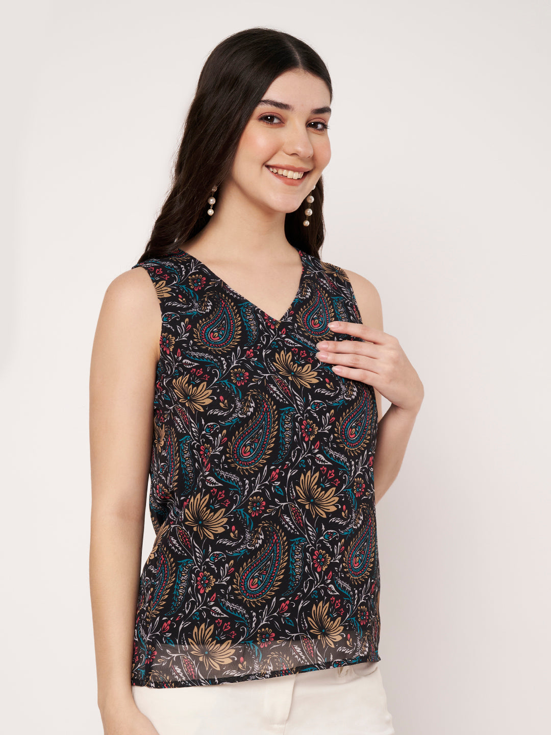 Women Paisley Printed V-Neck Georgette Top