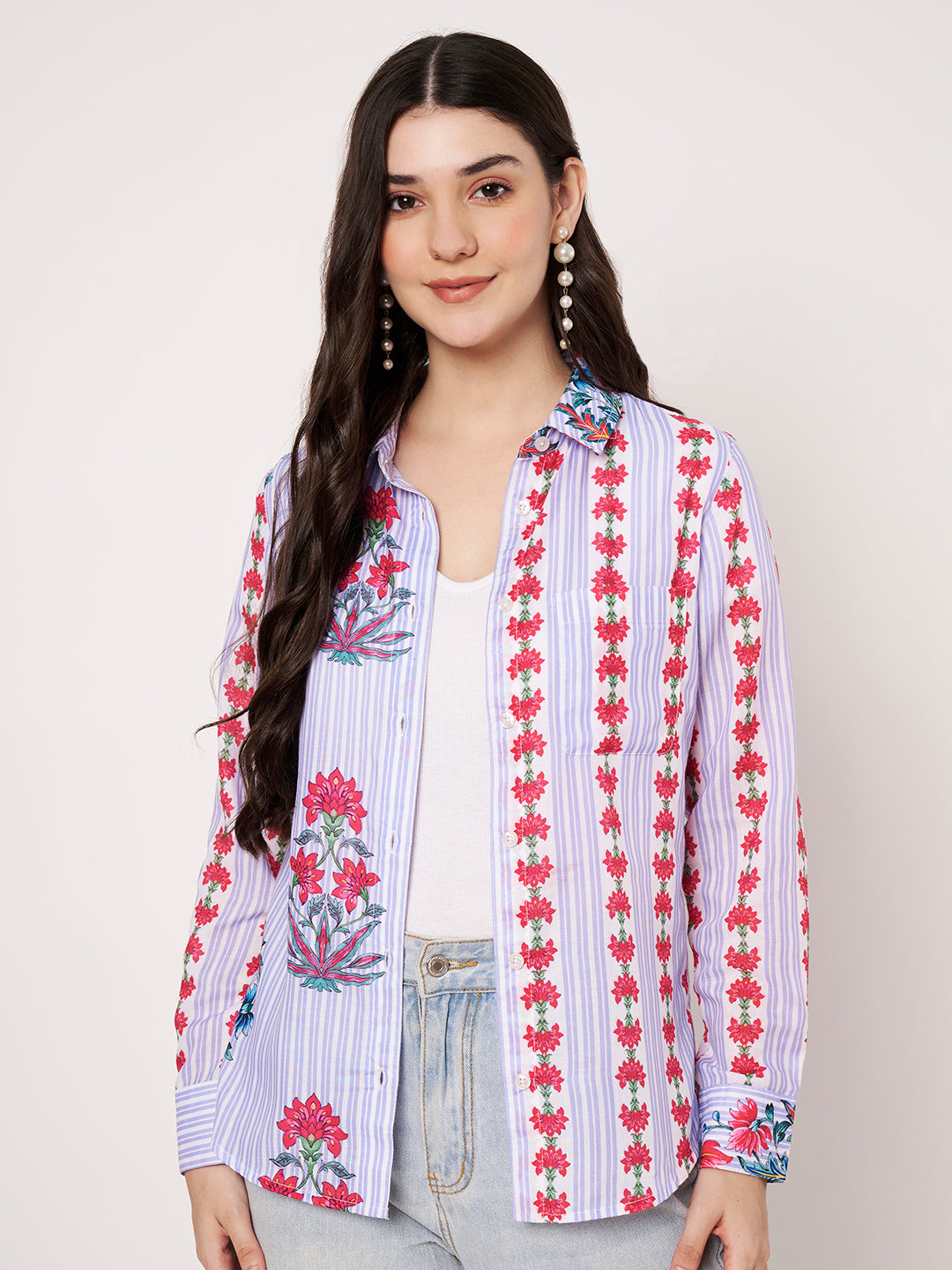 Women Classic Fit Floral Printed Spread Collar Casual Shirt