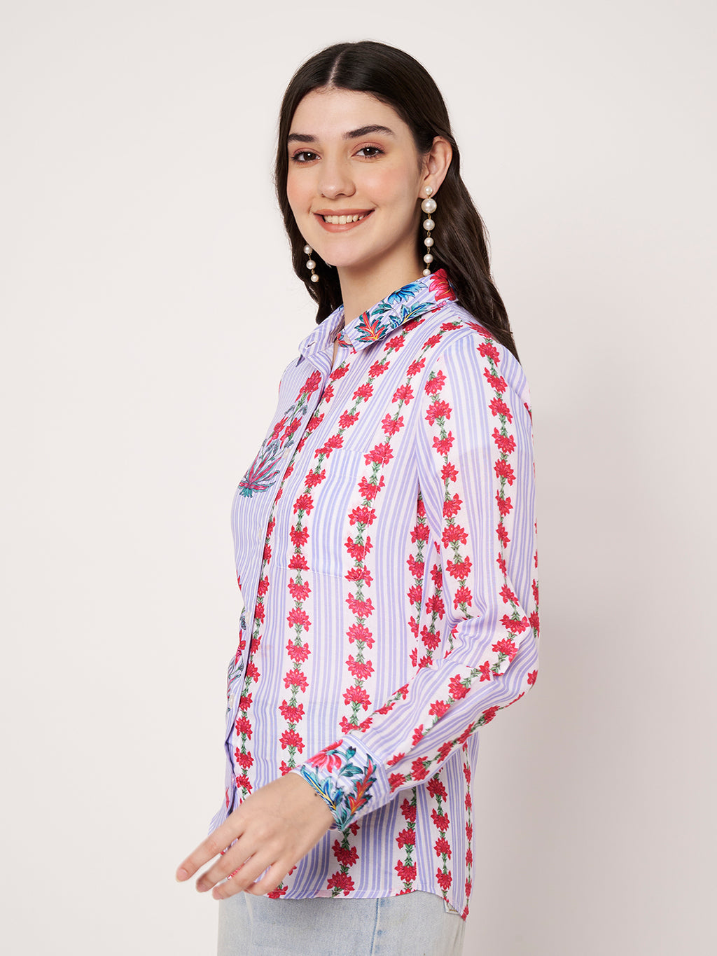 Women Classic Fit Floral Printed Spread Collar Casual Shirt