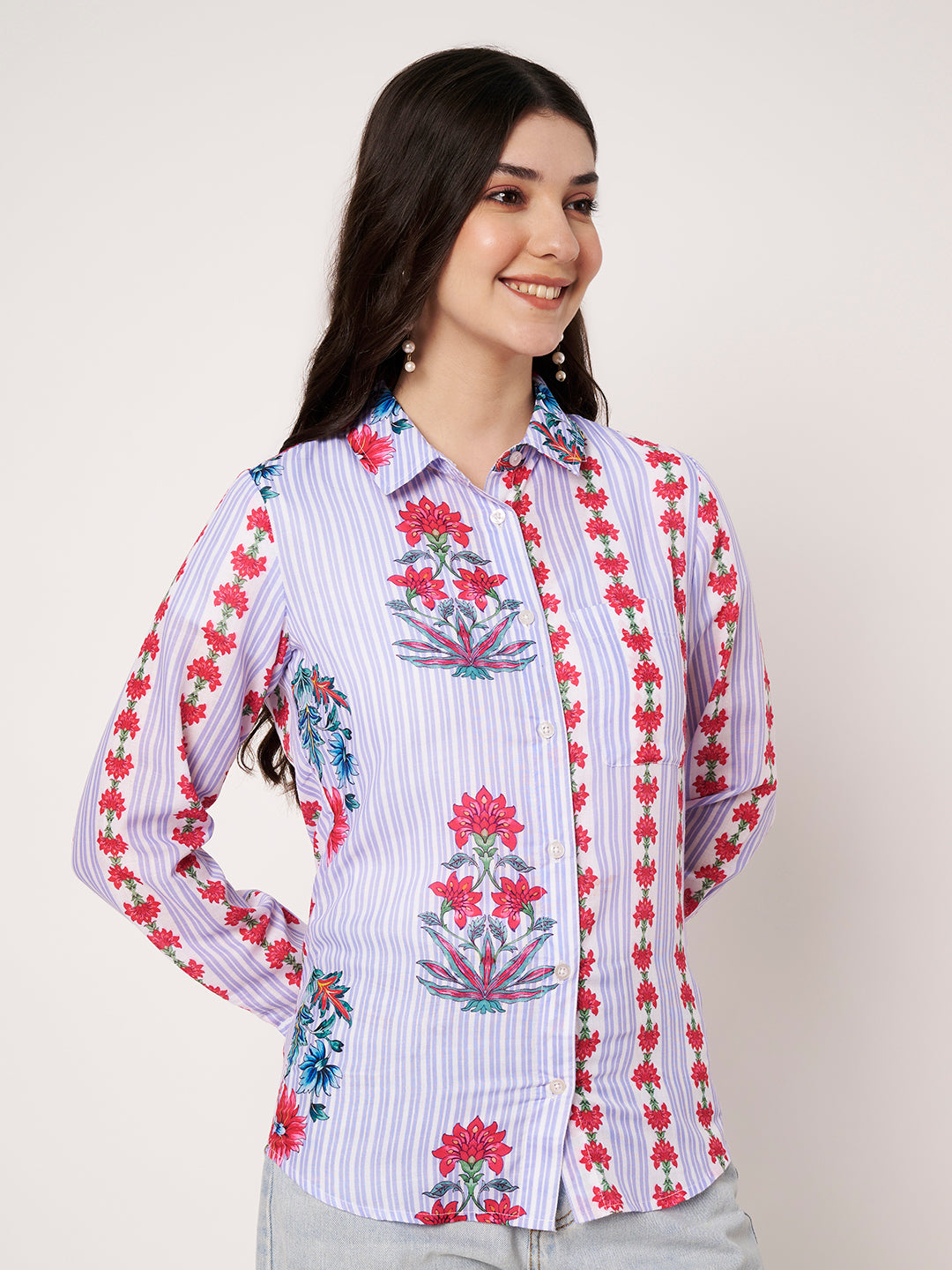 Women Classic Fit Floral Printed Spread Collar Casual Shirt