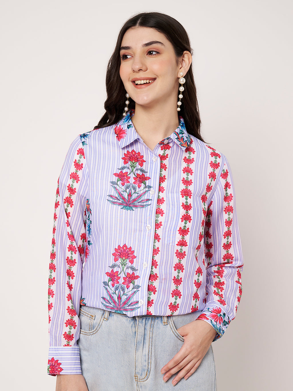 Women Classic Fit Floral Printed Spread Collar Casual Shirt