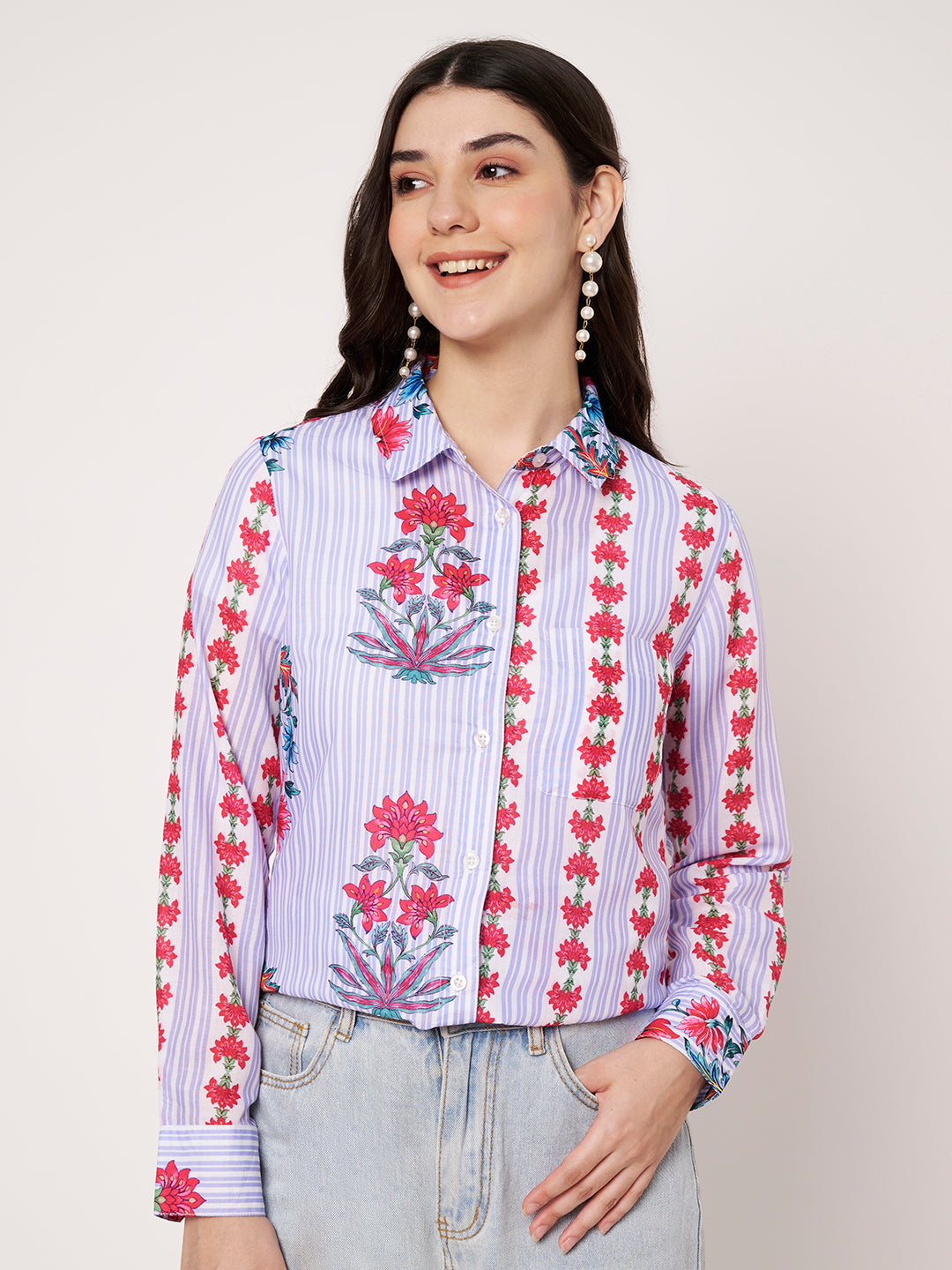 Women Classic Fit Floral Printed Spread Collar Casual Shirt